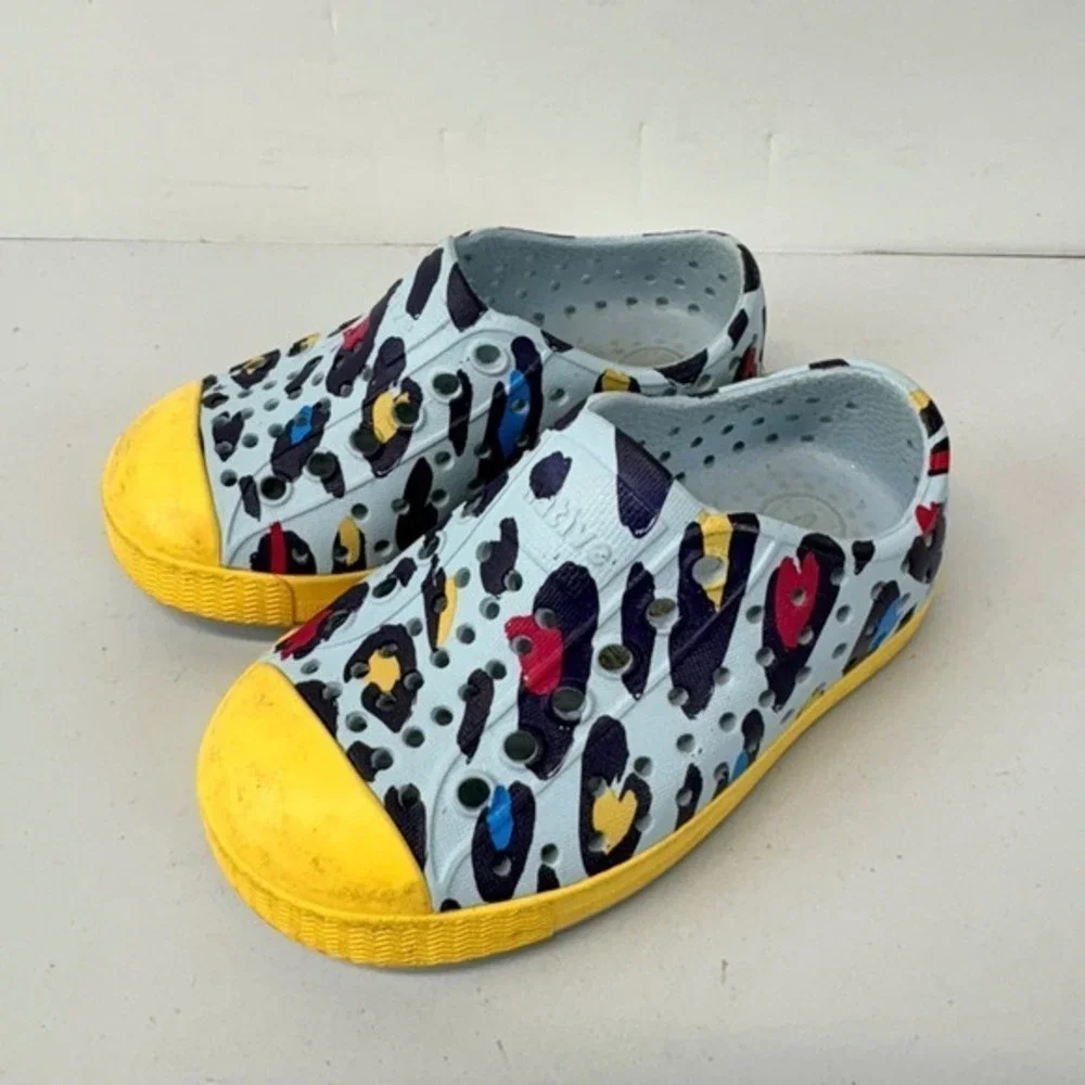Native Kids Shoes Toddler C5 Blue Multi Color Leopard Print Slip‎ On Sneakers